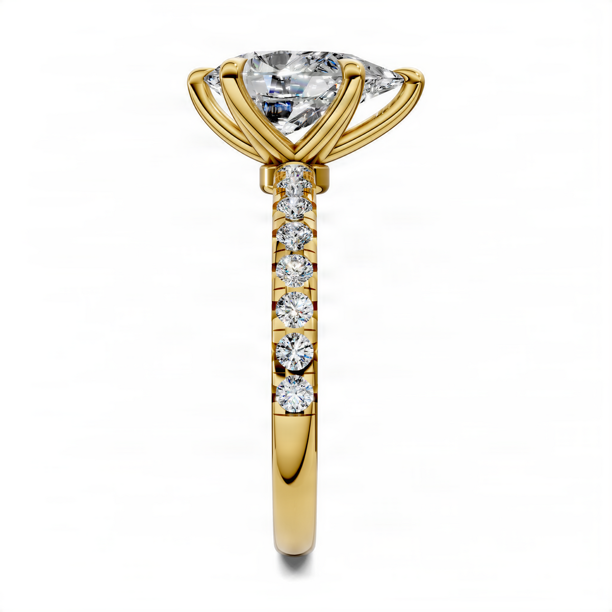 Pear scalloped pavé ring in yellow gold with large pear-cut center stone and diamond band