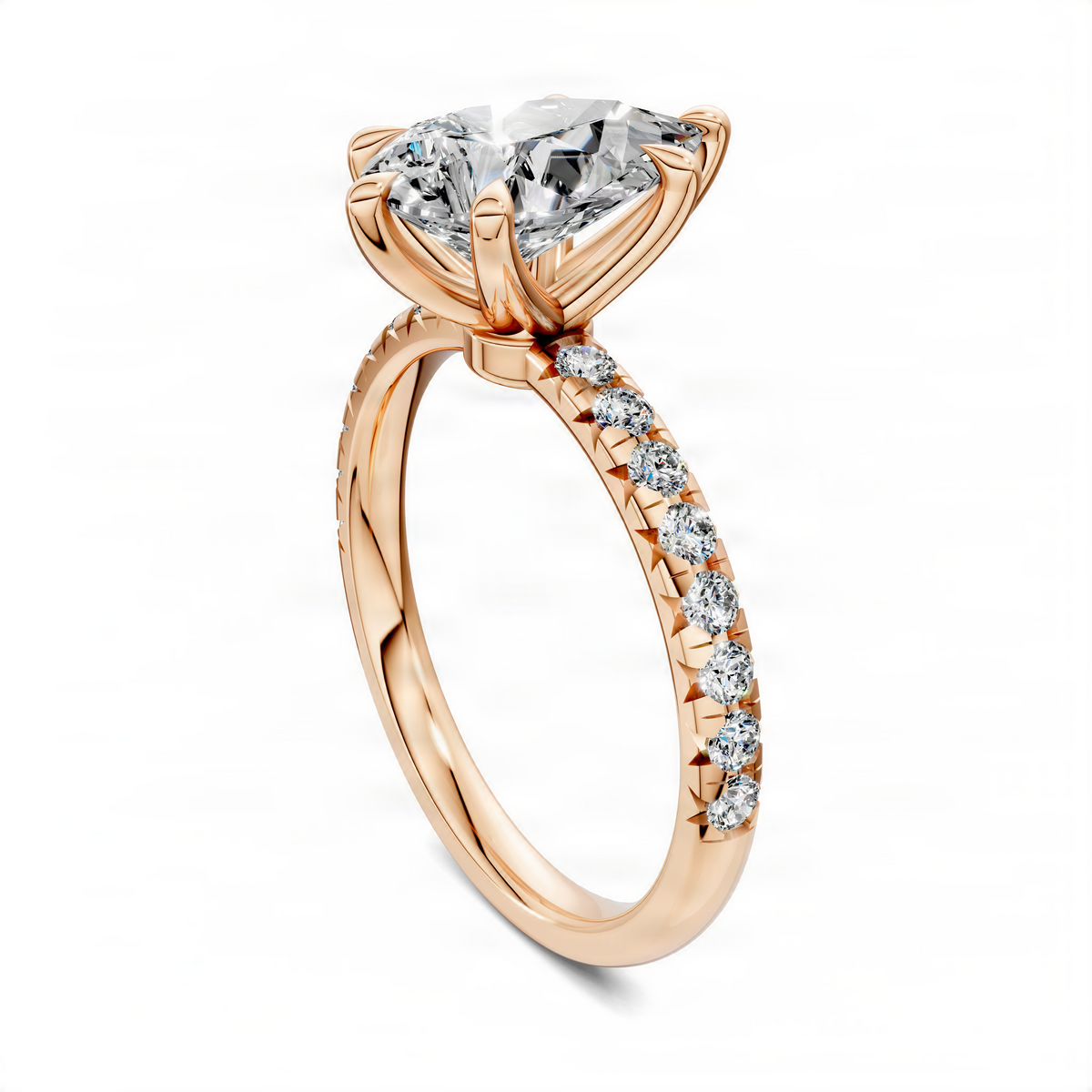 Pear-shaped pavé ring in rose gold with scalloped diamond band