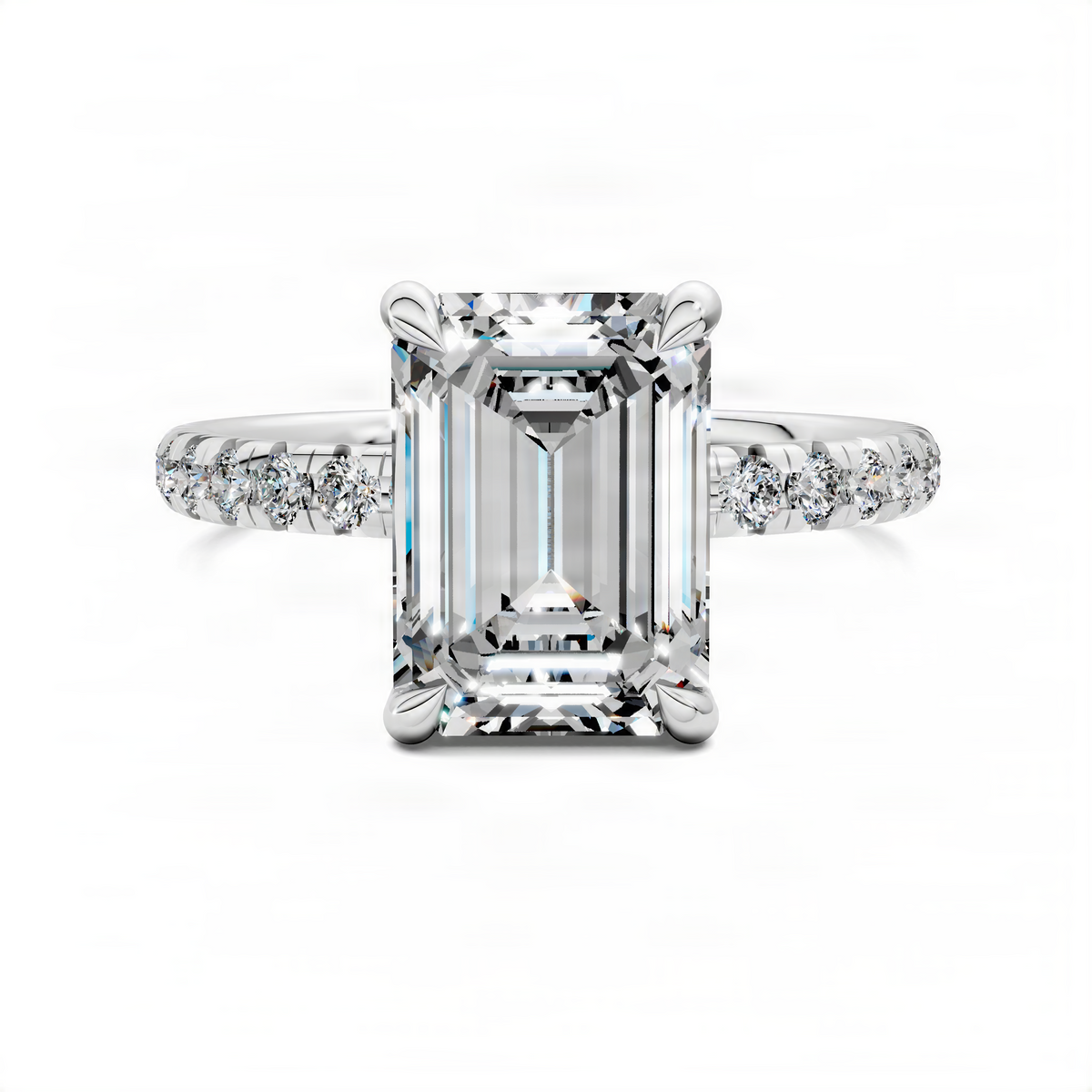 Emerald-cut pavé ring with scalloped band and white metal setting