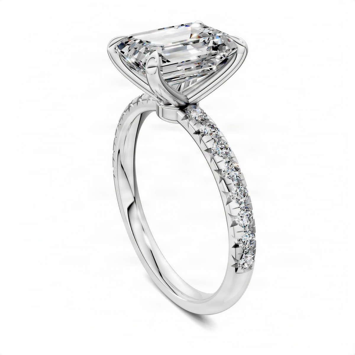 Emerald-cut pavé ring with large clear center stone and diamond-accented band