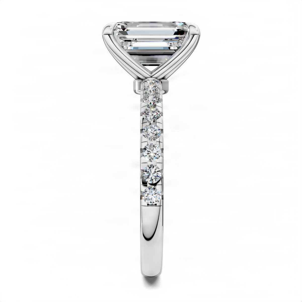 Opes emerald-cut pavé ring in white metal with scalloped diamond band