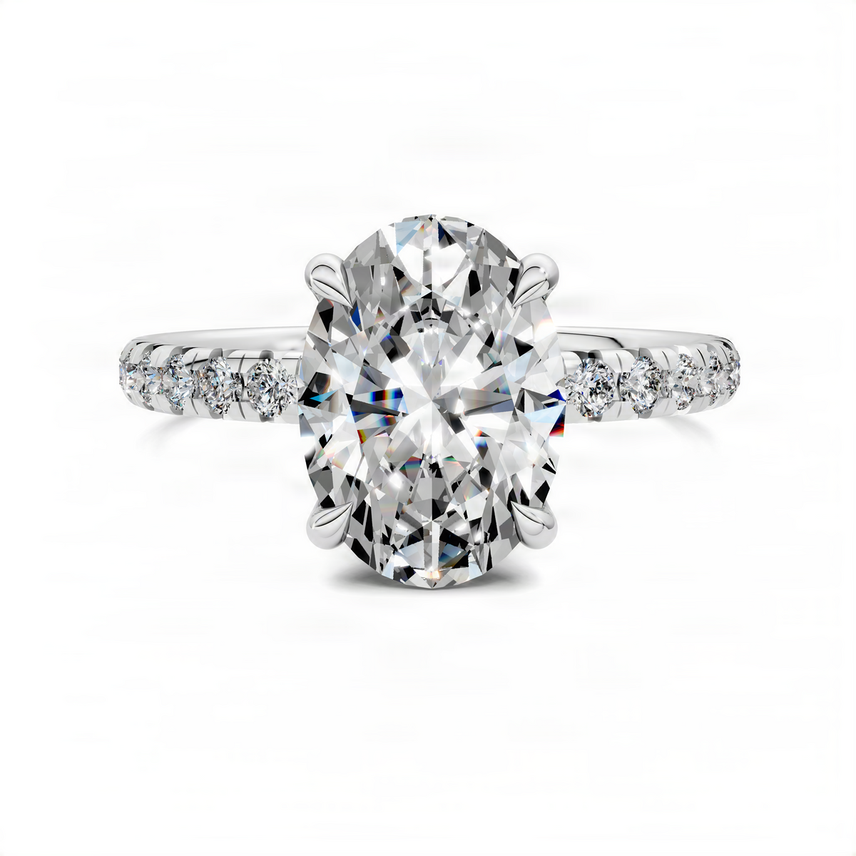 Oval scalloped pavé ring with a large oval center stone in white metal
