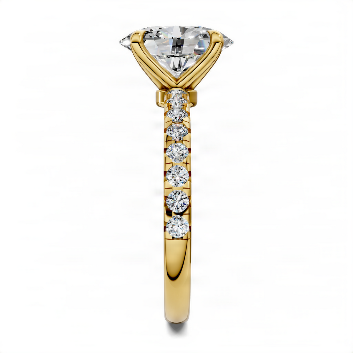 Oval scalloped pavé ring with oval center stone and diamond-accented yellow gold band