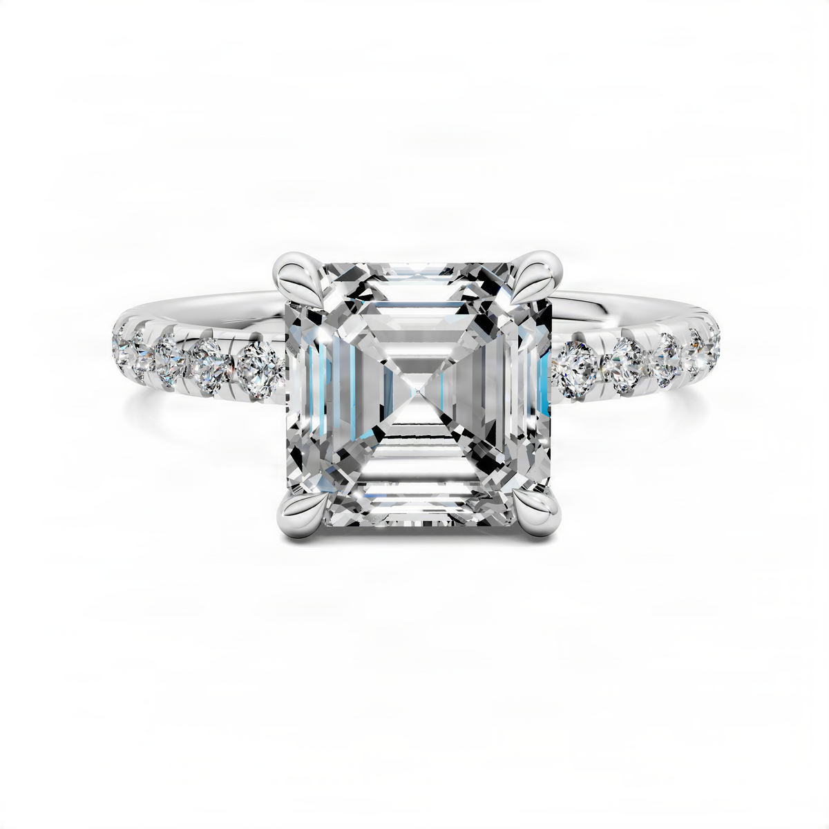 Scalloped pavé ring with square center stone and diamond-accented band