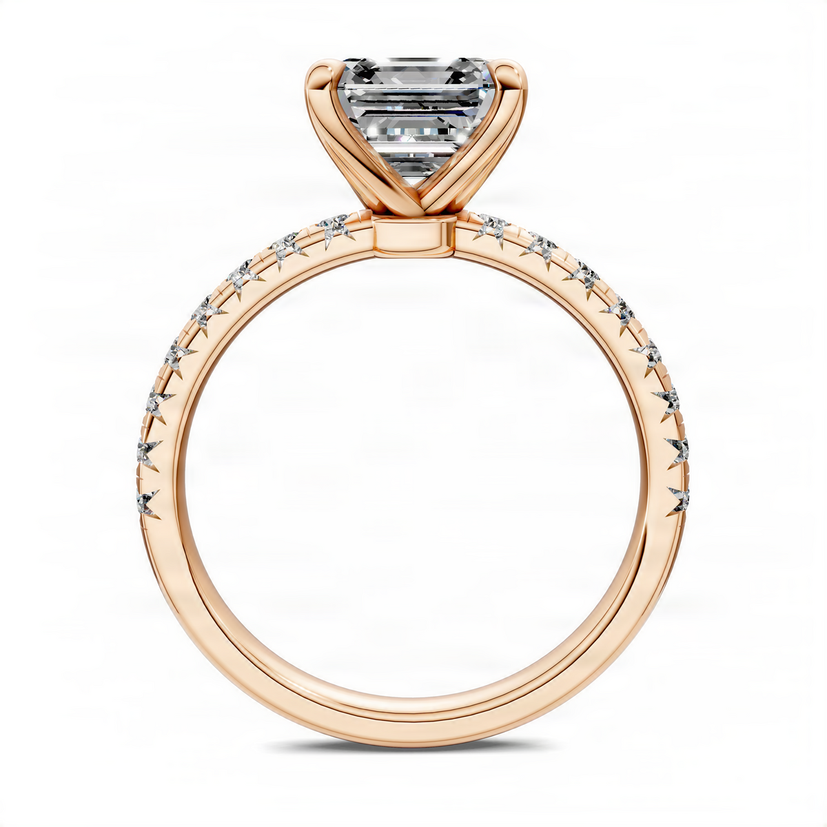 Scalloped pavé ring in rose gold with a large round center stone