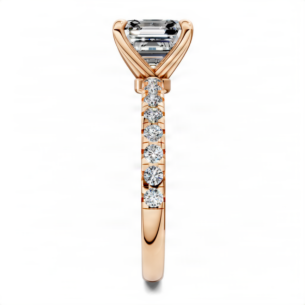 Scalloped pavé ring with marquise-cut center stone and round pavé stones in rose gold