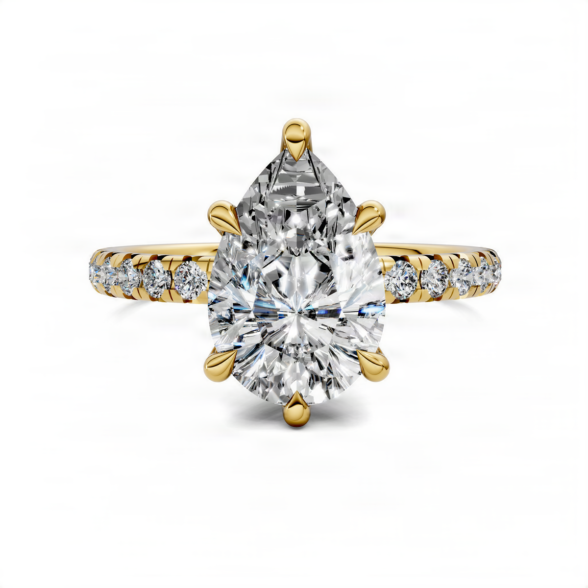 Scalloped pavé ring with marquise-cut clear center stone and yellow gold band