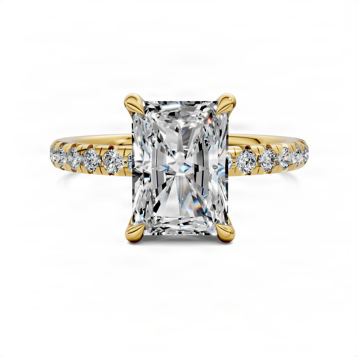 Yellow gold scalloped pavé ring with rectangular-cut center stone