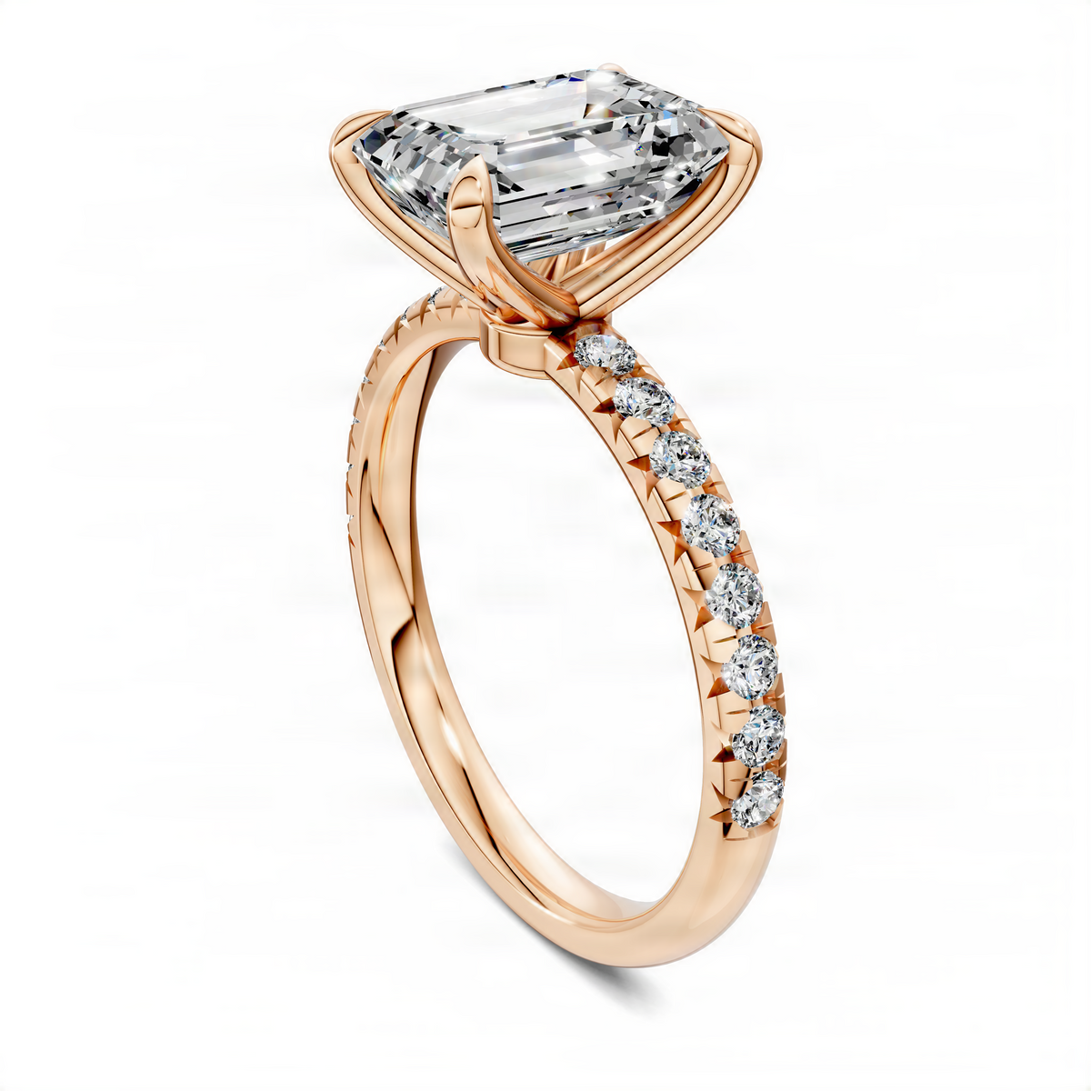 Scalloped pavé ring in rose gold with a large rectangular clear center stone