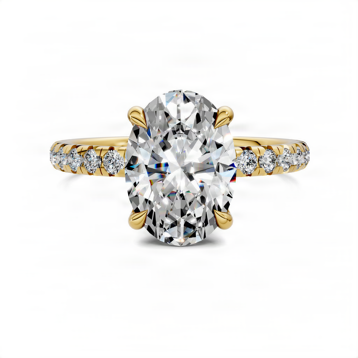 Scalloped pavé ring with oval clear center stone in yellow gold
