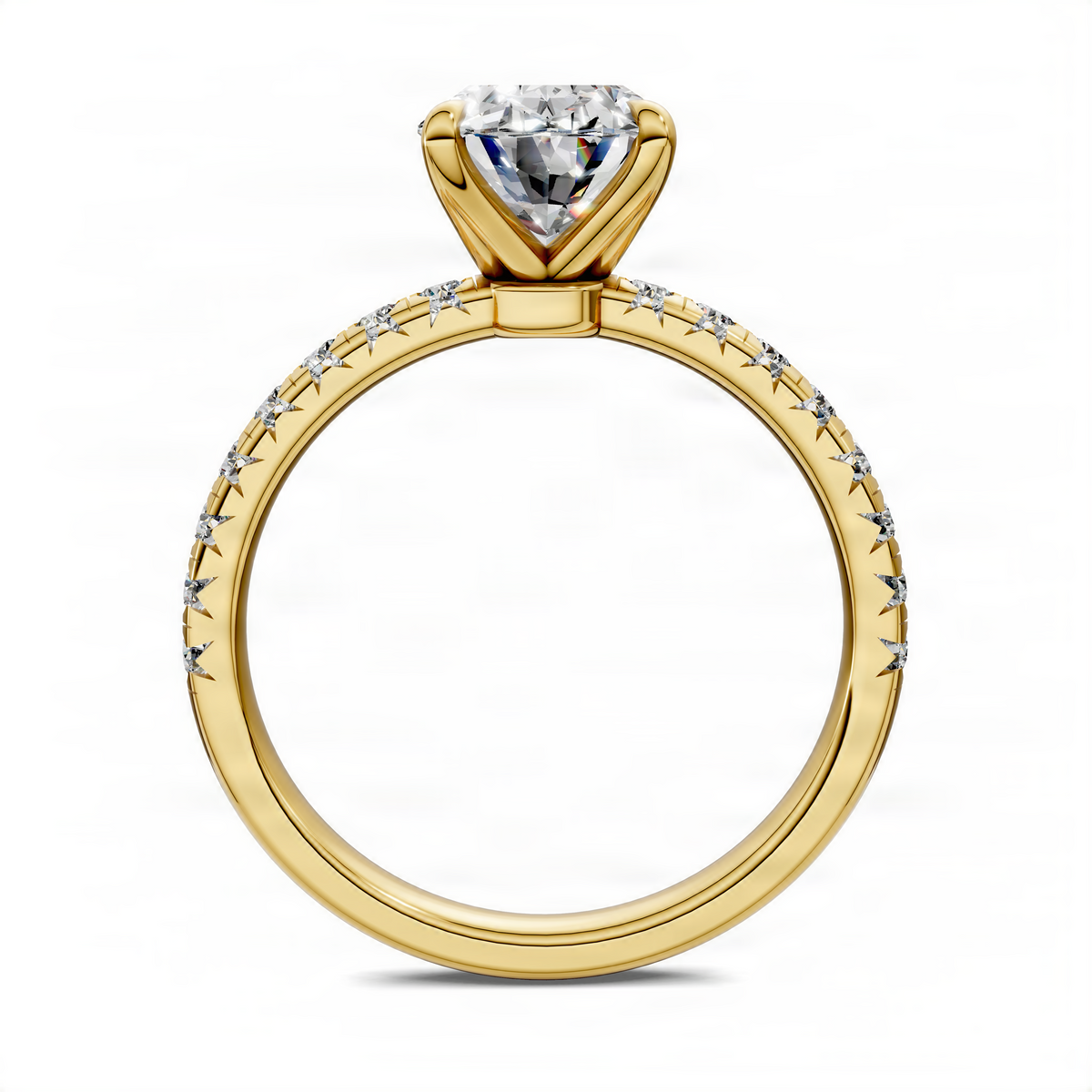 Yellow gold pavé scalloped ring with a round center stone