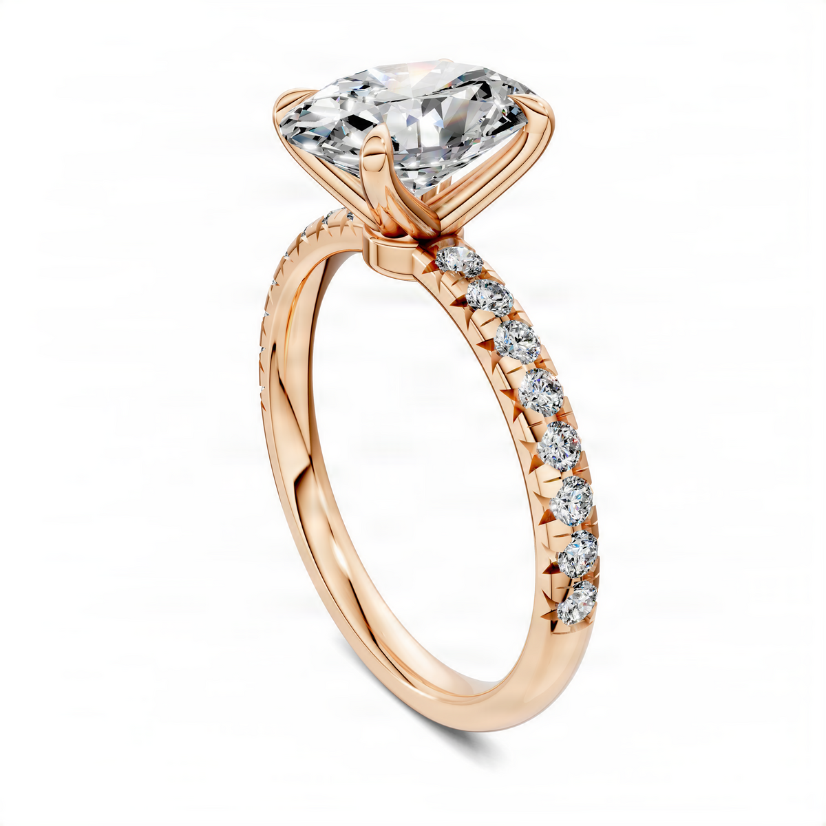 Scalloped pavé ring in rose gold with a large cushion-cut center stone