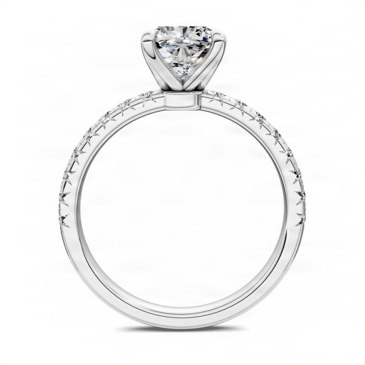 Scalloped pavé engagement ring in white gold with round center stone