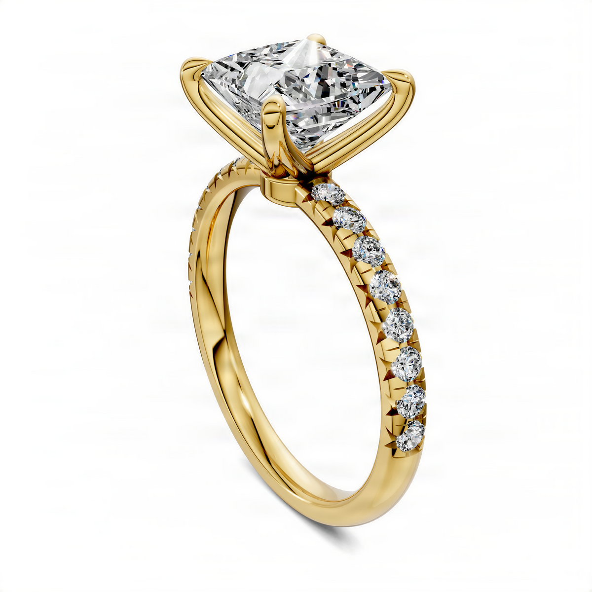 Yellow gold ring with cushion-cut center stone and pavé scalloped band