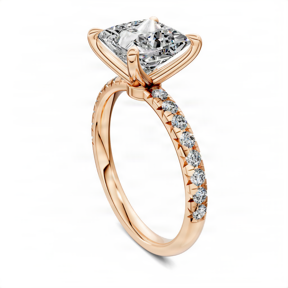 Opes scalloped pavé ring in rose gold with a cushion-cut center stone