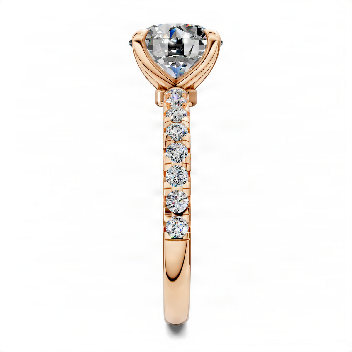 Rose gold scalloped pavé ring with round center stone and diamond-accented band