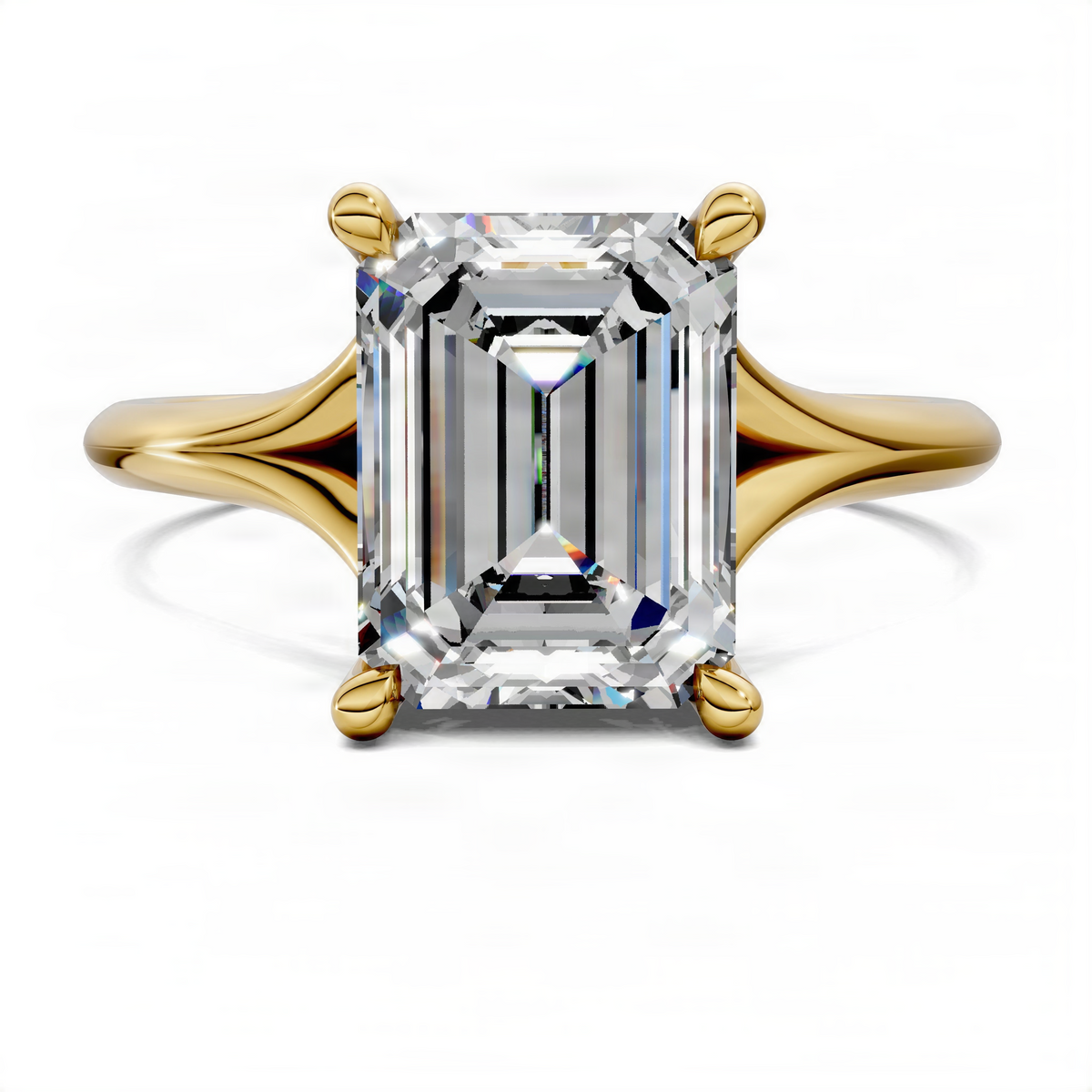 Gold engagement ring with emerald-cut center stone, hidden halo, split shank