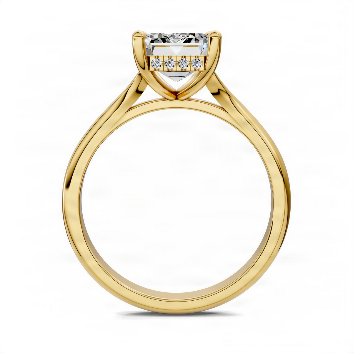 Yellow gold engagement ring with emerald-cut center stone and hidden halo, straight-on