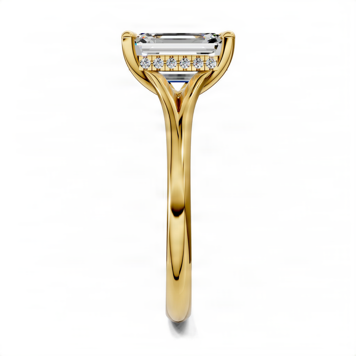 Yellow gold engagement ring with emerald-cut center stone and hidden halo, front view