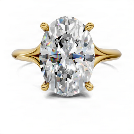 Yellow gold oval engagement ring front view with hidden halo and split shank