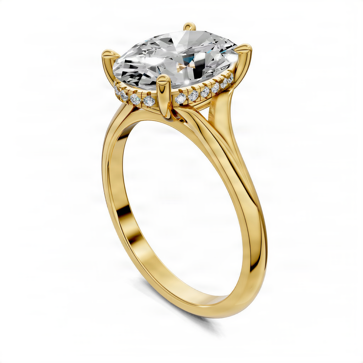 Yellow gold oval engagement ring side view with split shank and hidden halo