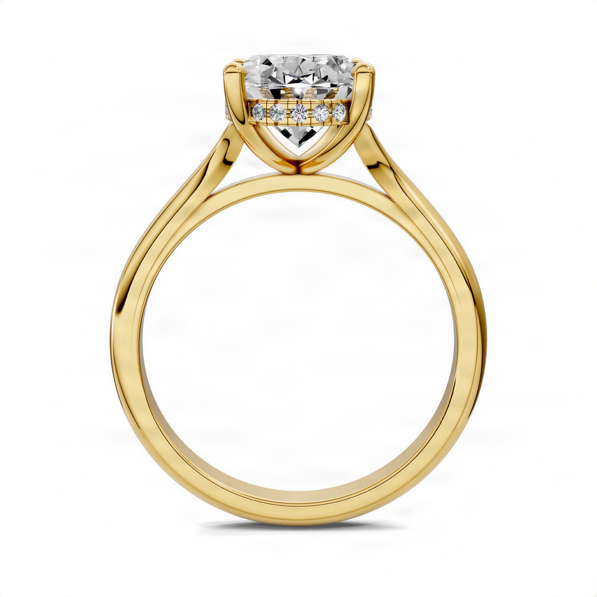 Yellow gold oval engagement ring front view with split shank and hidden halo