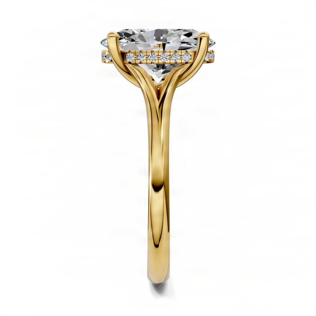 Yellow gold oval engagement ring with split shank and hidden halo diamond accents
