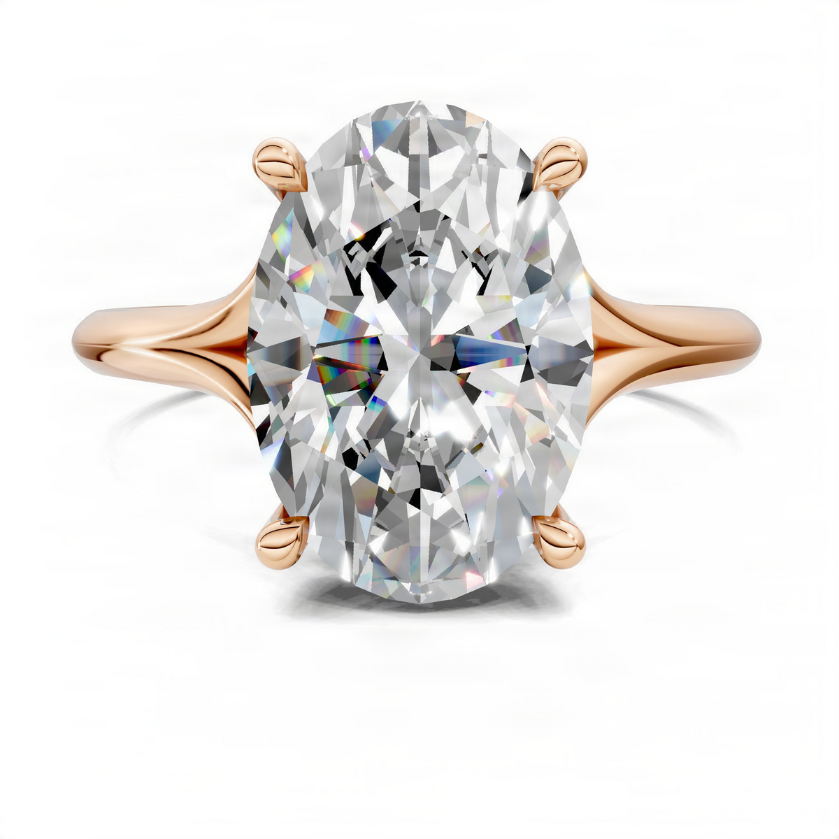 Rose gold oval engagement ring with split shank and hidden halo diamond accents