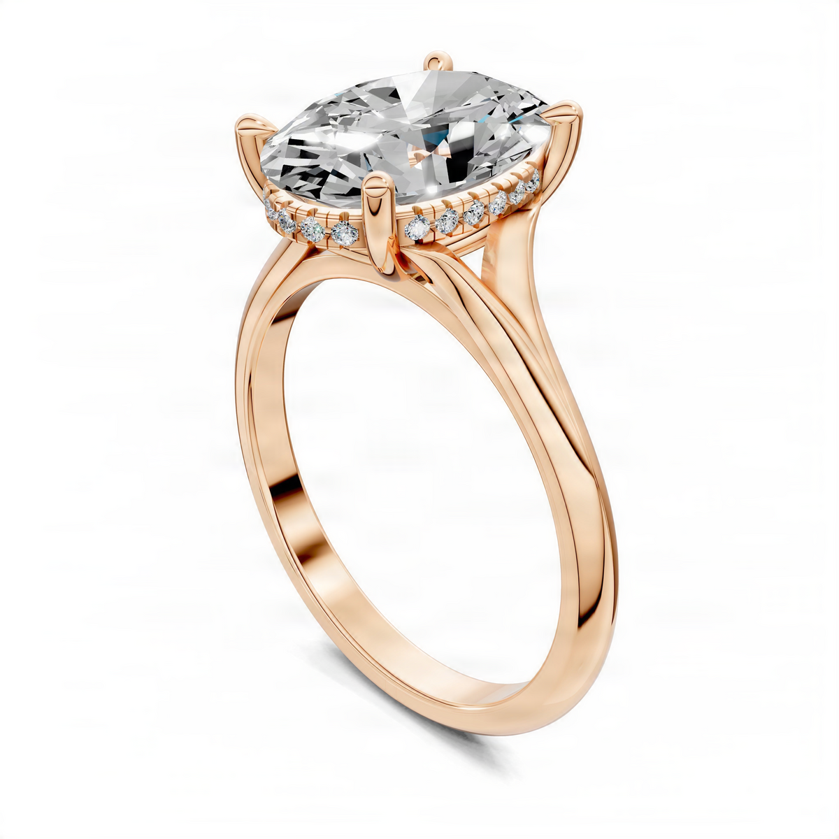 Rose gold oval engagement ring side view with split shank and hidden halo