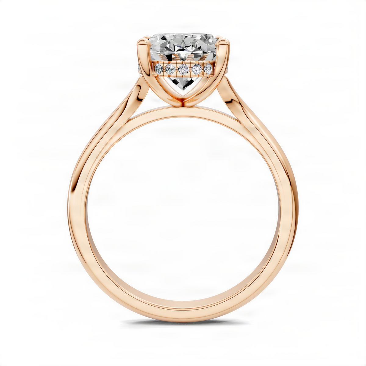 Rose gold oval engagement ring top view with split shank and hidden halo