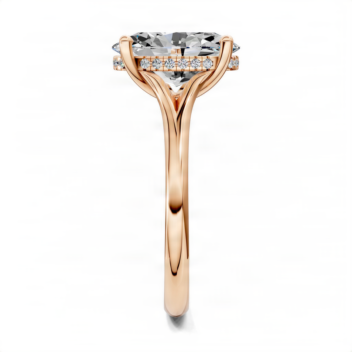 Rose gold oval engagement ring straight-on view with split shank and hidden halo