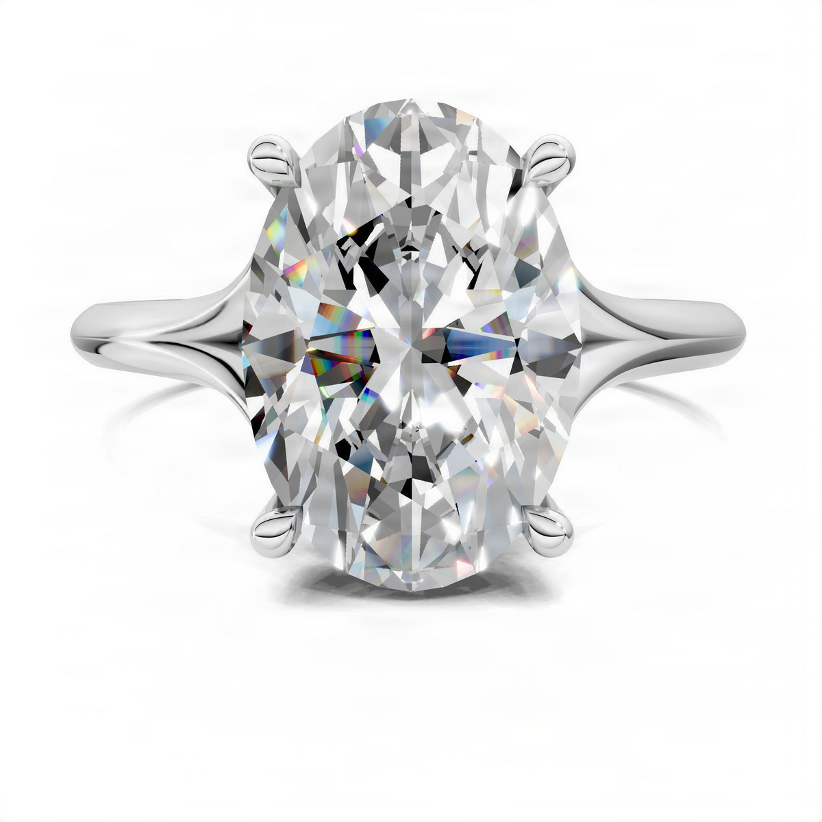 Silver oval engagement ring with split shank and hidden halo diamond detail