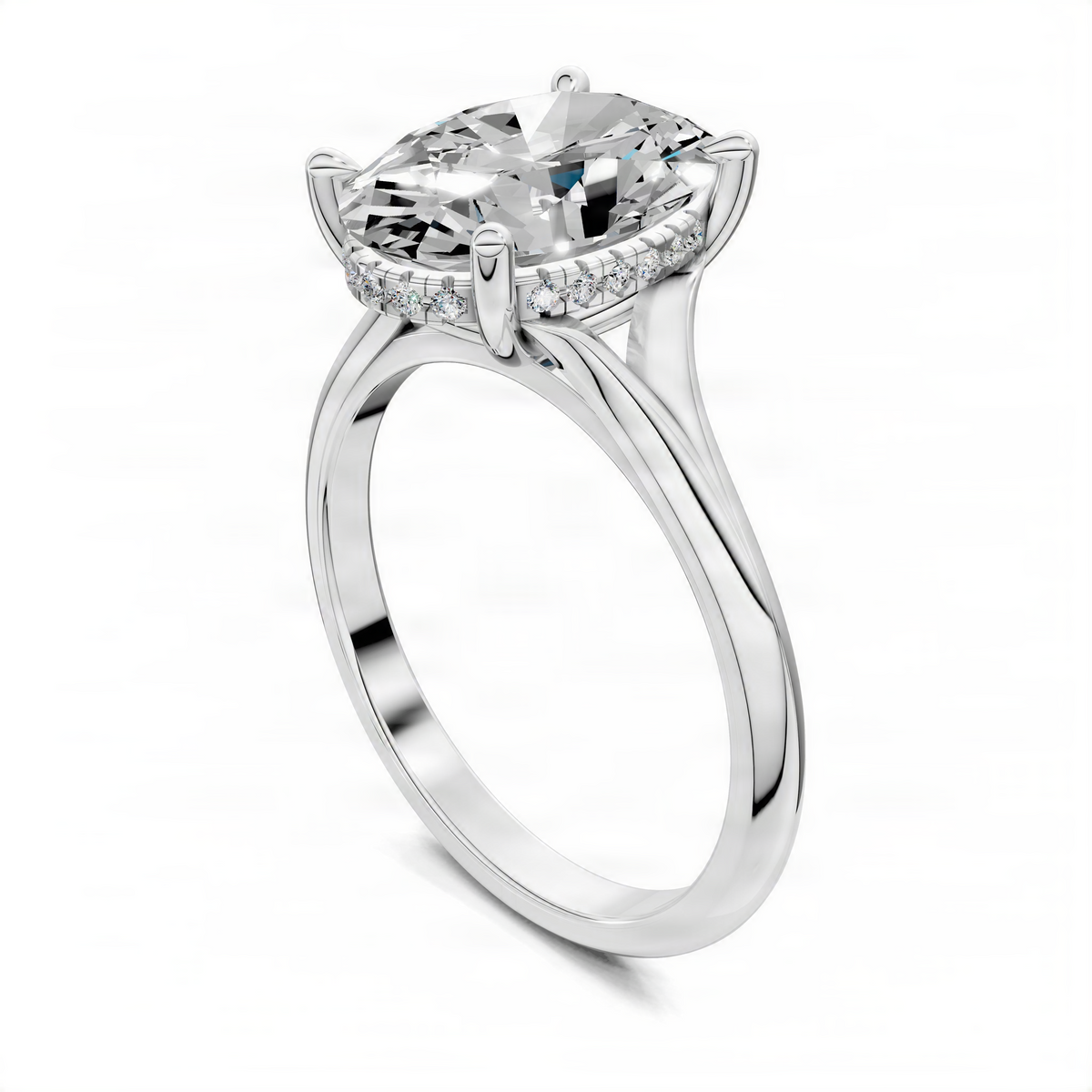 Silver oval engagement ring angled view with split shank and hidden halo