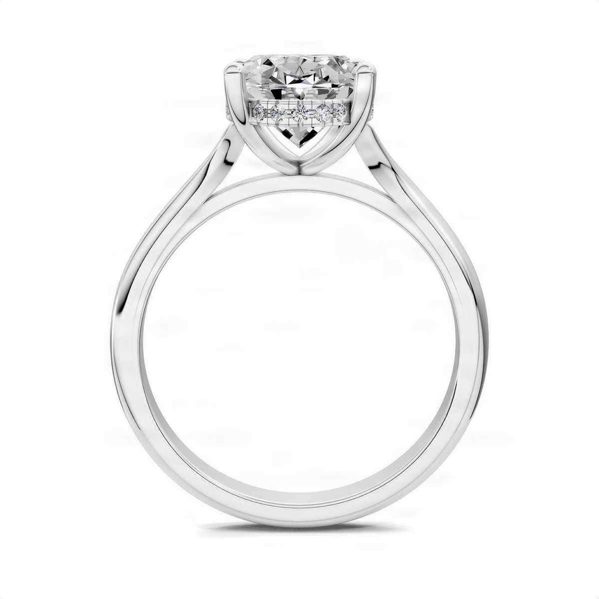 Silver oval engagement ring top view with split shank and hidden halo