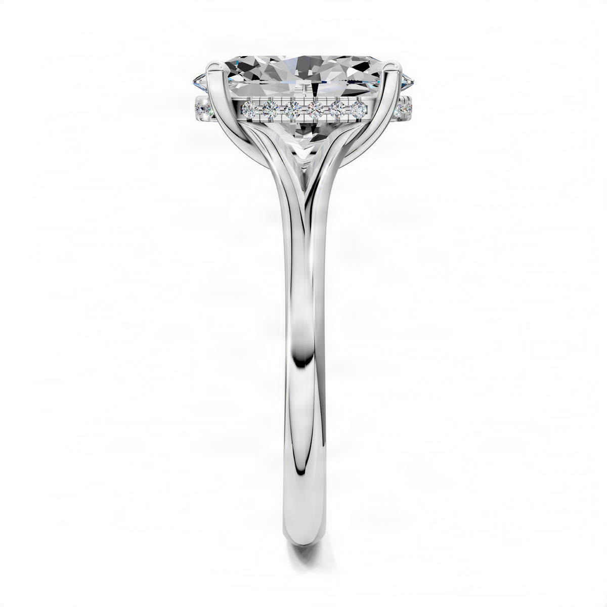 Silver oval engagement ring with split shank and hidden halo diamond accents