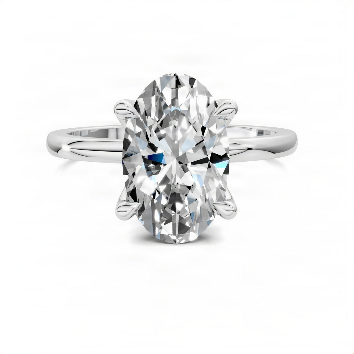Silver oval gemstone ring with four prongs and split band, clear oval center stone