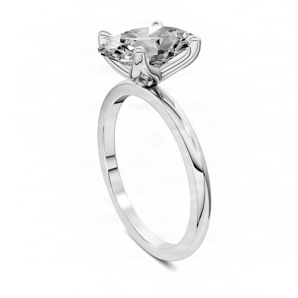Silver oval gemstone ring angled view with four prongs and slim round-shank
