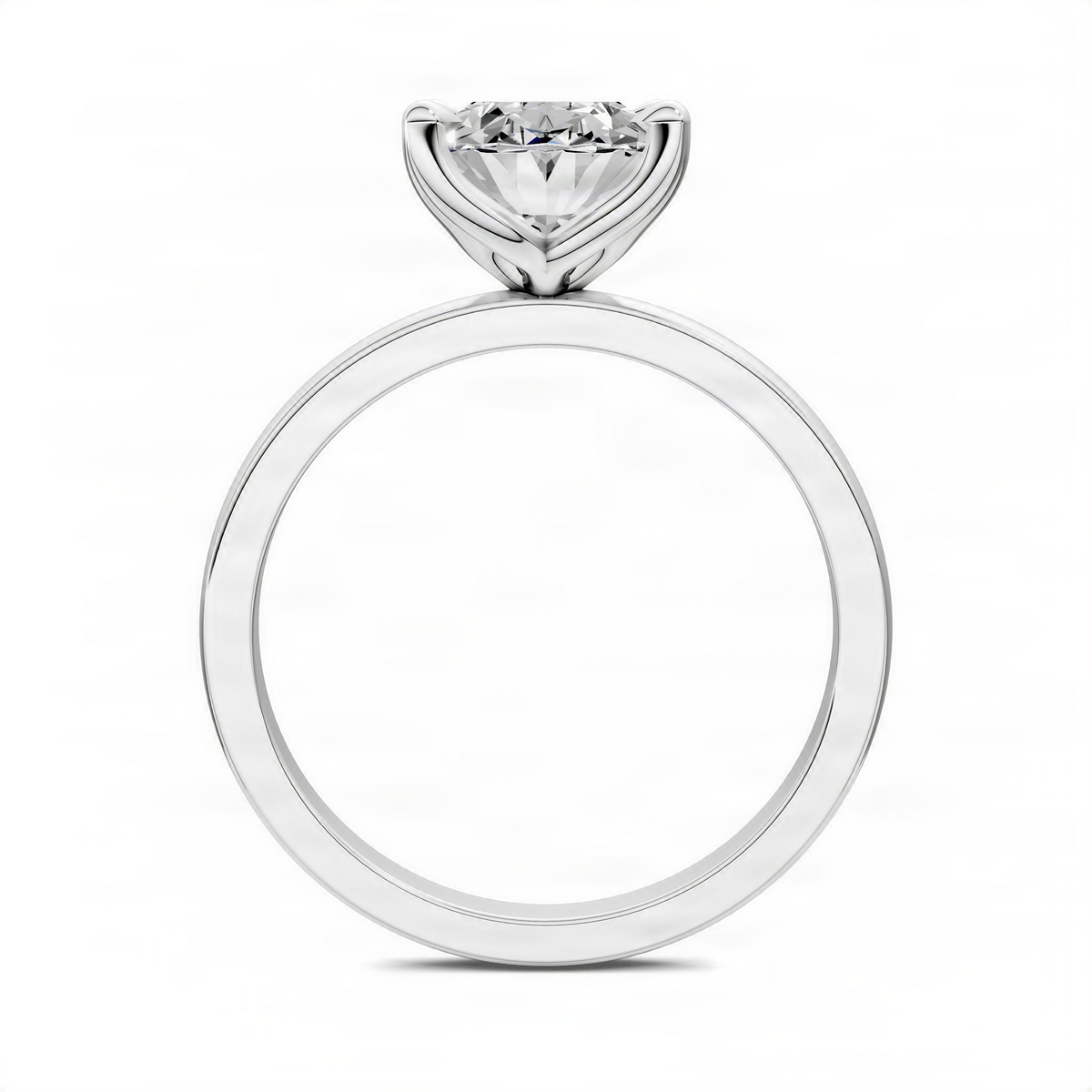 Silver oval gemstone ring top view with clear oval stone and four prongs
