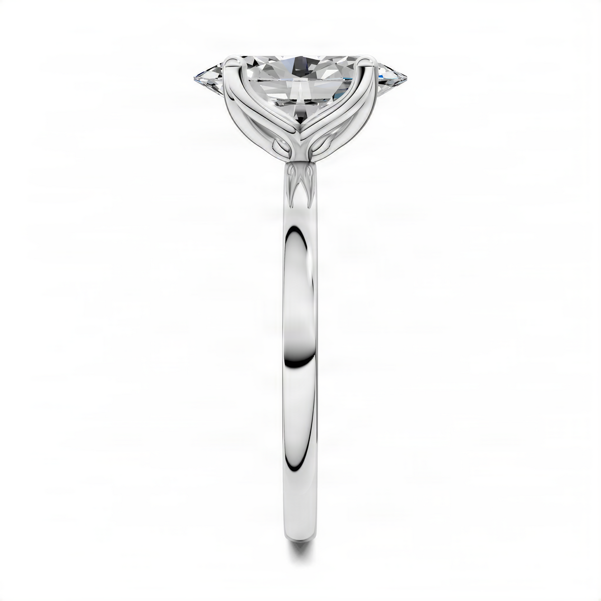 Silver oval gemstone ring side view with four prongs and polished band