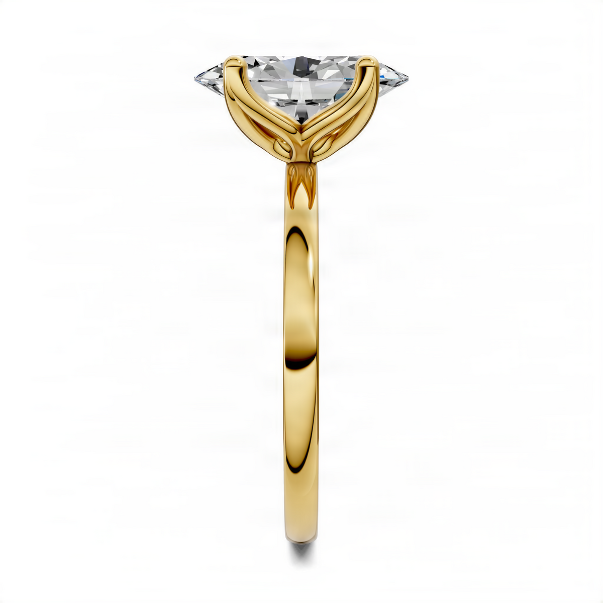 Yellow gold oval gemstone ring side view with four-prong setting