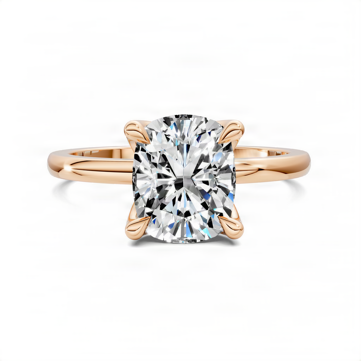 Rose-gold cushion-cut gemstone ring with floral basket setting and polished band