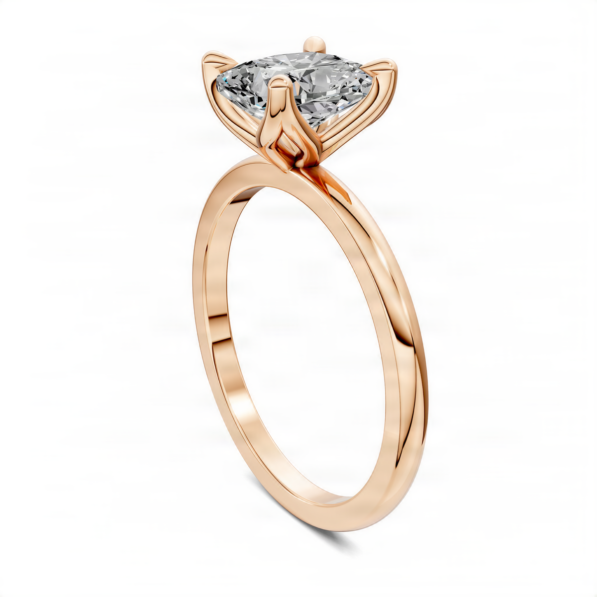 Rose-gold ring with cushion-cut gemstone and sculpted basket prongs