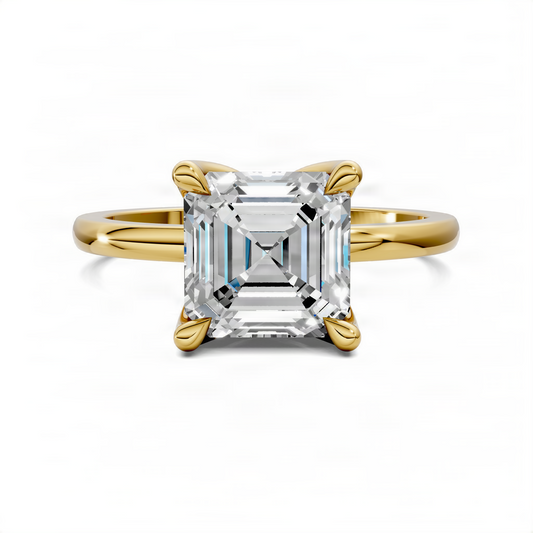 Asscher-cut floral basket ring with clear center stone and gold-tone band, four-prong setting.