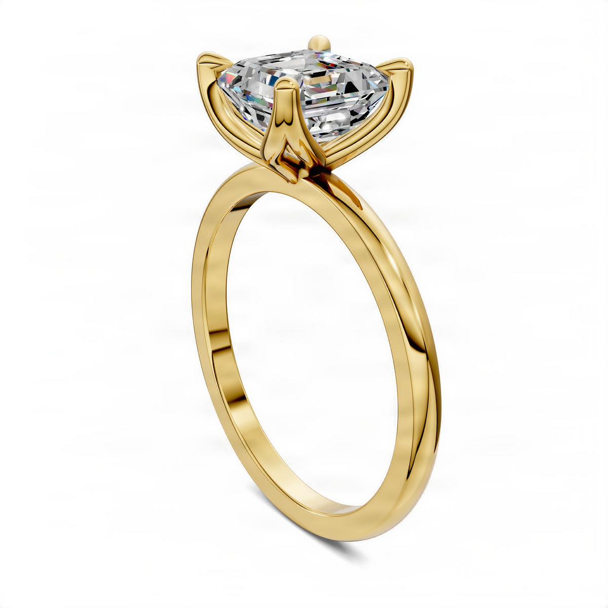 Gold-tone ring with Asscher-cut center stone and floral basket prongs; angled view.