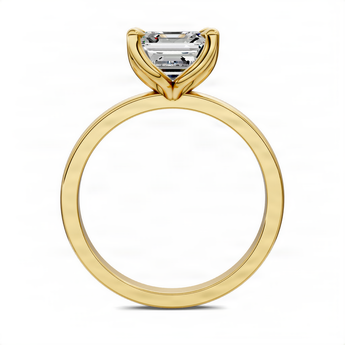 Gold-tone band ring with Asscher-cut center stone in floral basket setting; front view.