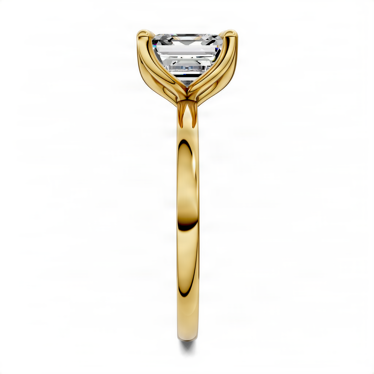 Gold-tone solitaire ring with Asscher-cut center stone in basket setting; narrow side profile.