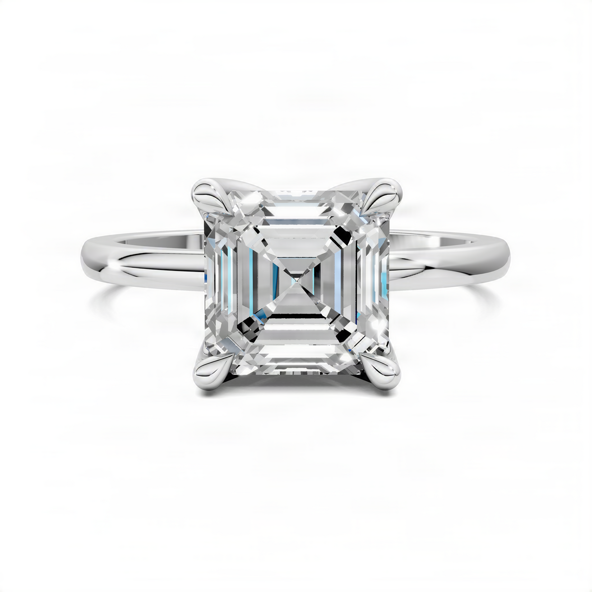 Silver-tone ring with Asscher-cut center stone and floral basket prongs; front view.