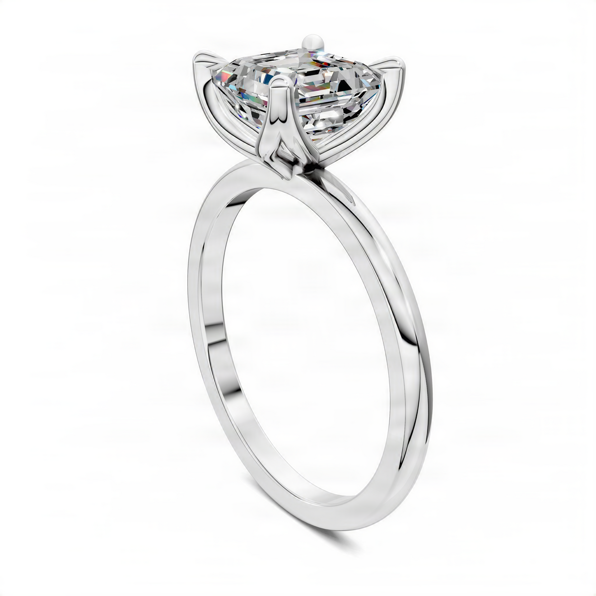 Silver-tone ring with Asscher-cut center stone and floral basket prongs; angled side view.