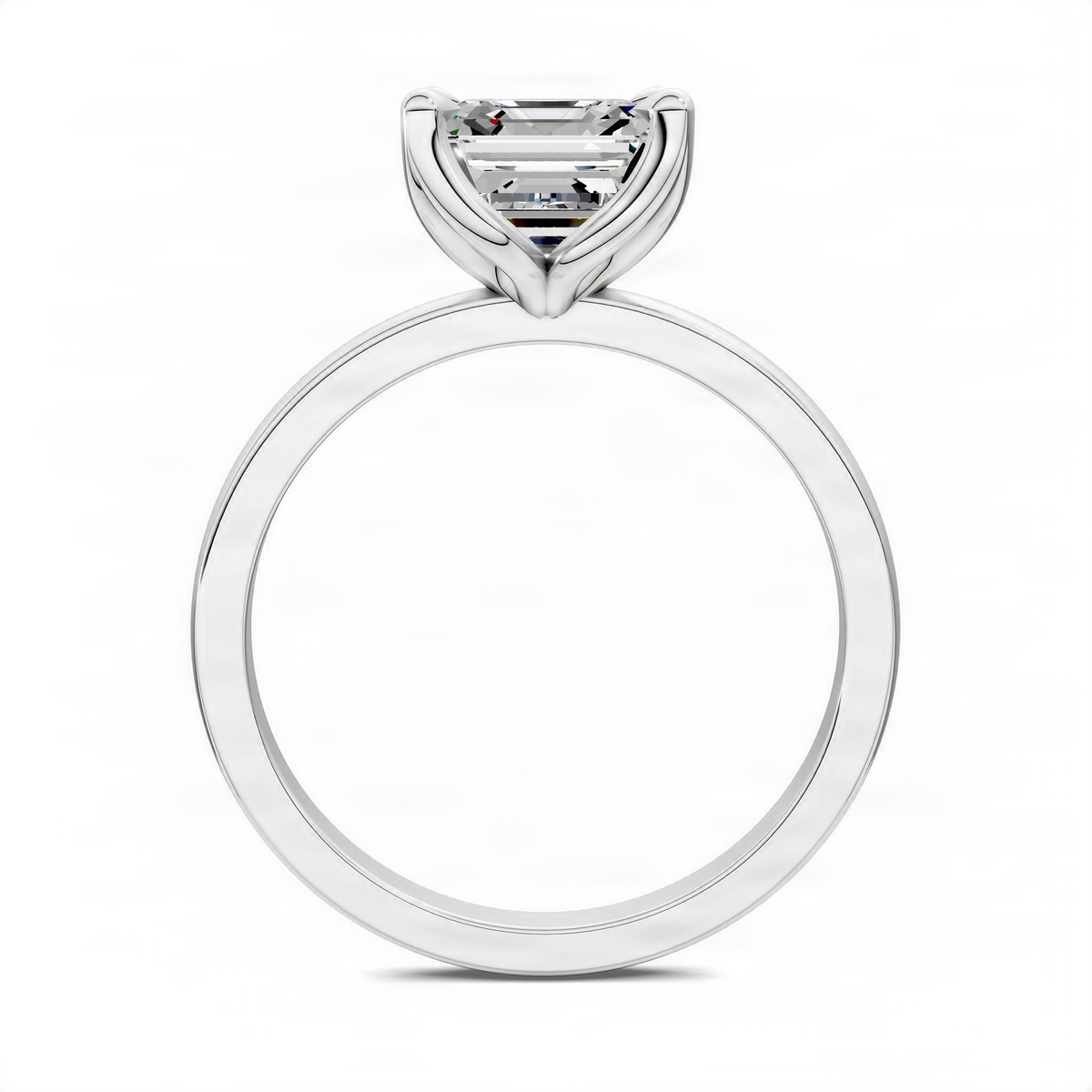 Silver-tone band ring with Asscher-cut center stone and floral basket prongs; top view.