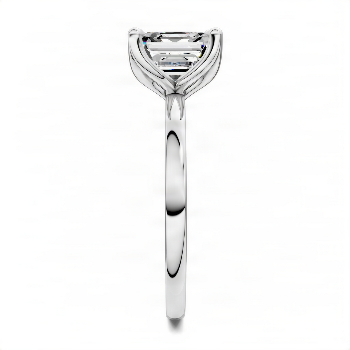 Silver-tone ring with Asscher-cut center stone in floral basket setting; upright side view.